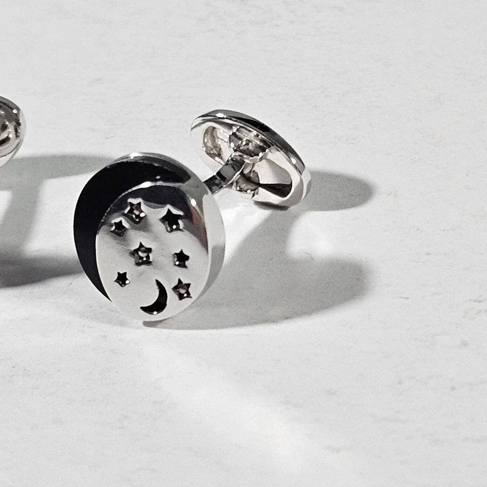 Jan Leslie Cufflinks Mens OS Silver Black Moon Stars Sterling Silver 925 Enamel